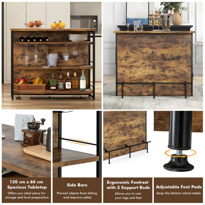 4-Tier Liquor Bar Cabinet with 3 Open Shelves and Wine Rack-Rustic Brown