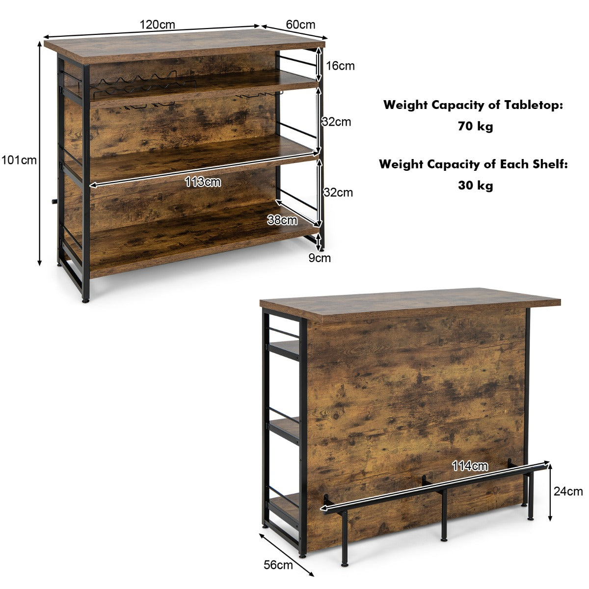 4-Tier Liquor Bar Cabinet with 3 Open Shelves and Wine Rack-Rustic Brown