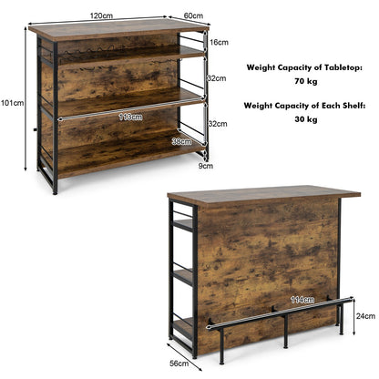 4-Tier Liquor Bar Cabinet with 3 Open Shelves and Wine Rack-Rustic Brown