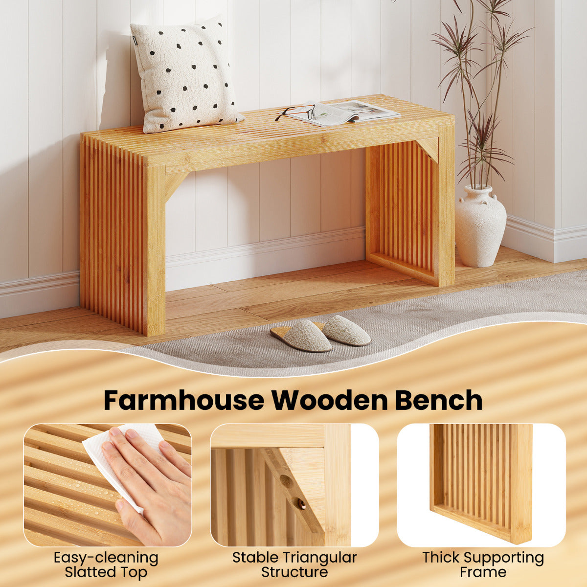 Long Entryway Bamboo Bench for Hallway and Living Room-Natural