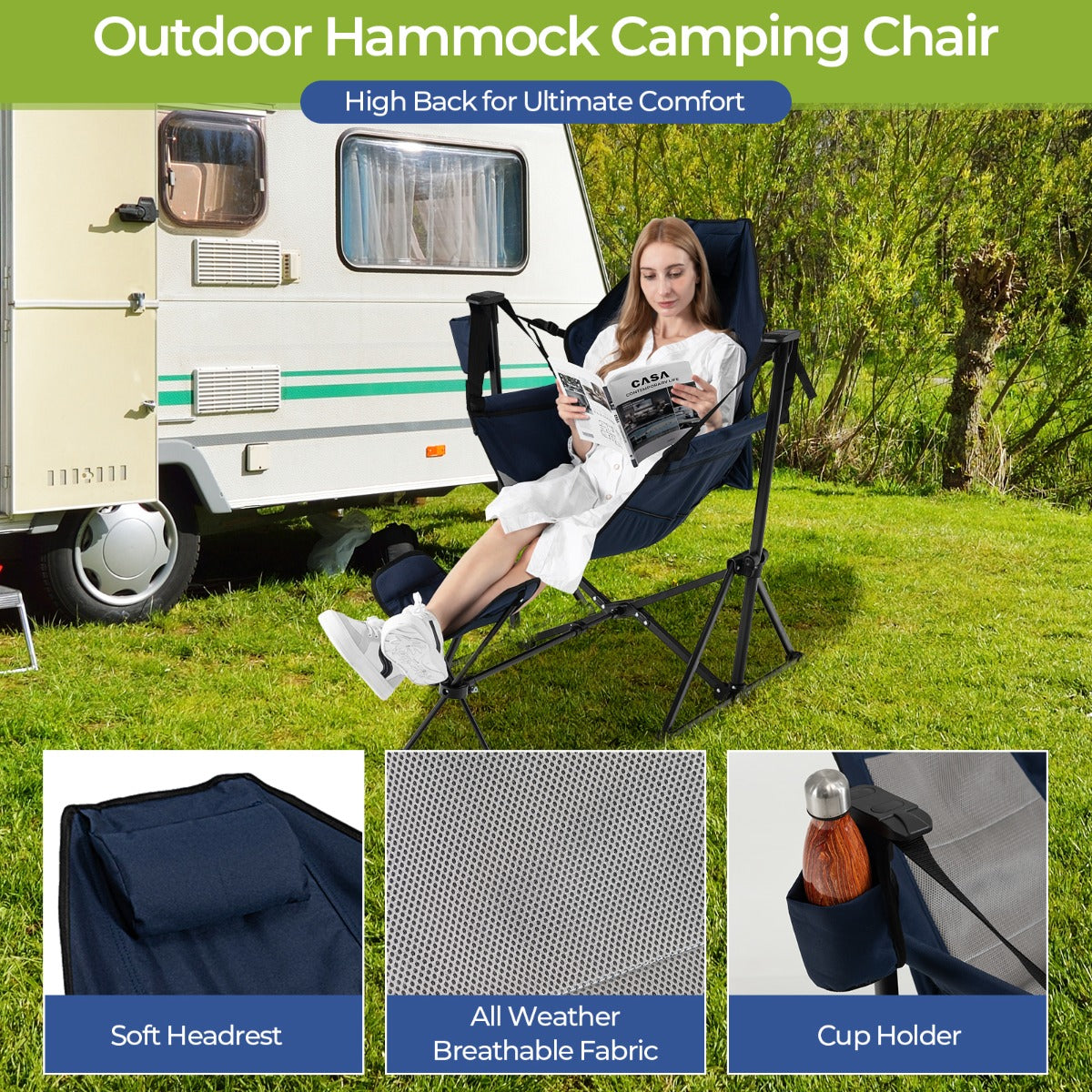 Portable Folding Camping Lounge Chair with Footrest  for Beach Lawn Fishing-Navy