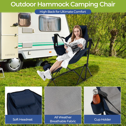 Portable Folding Camping Lounge Chair with Footrest  for Beach Lawn Fishing-Navy