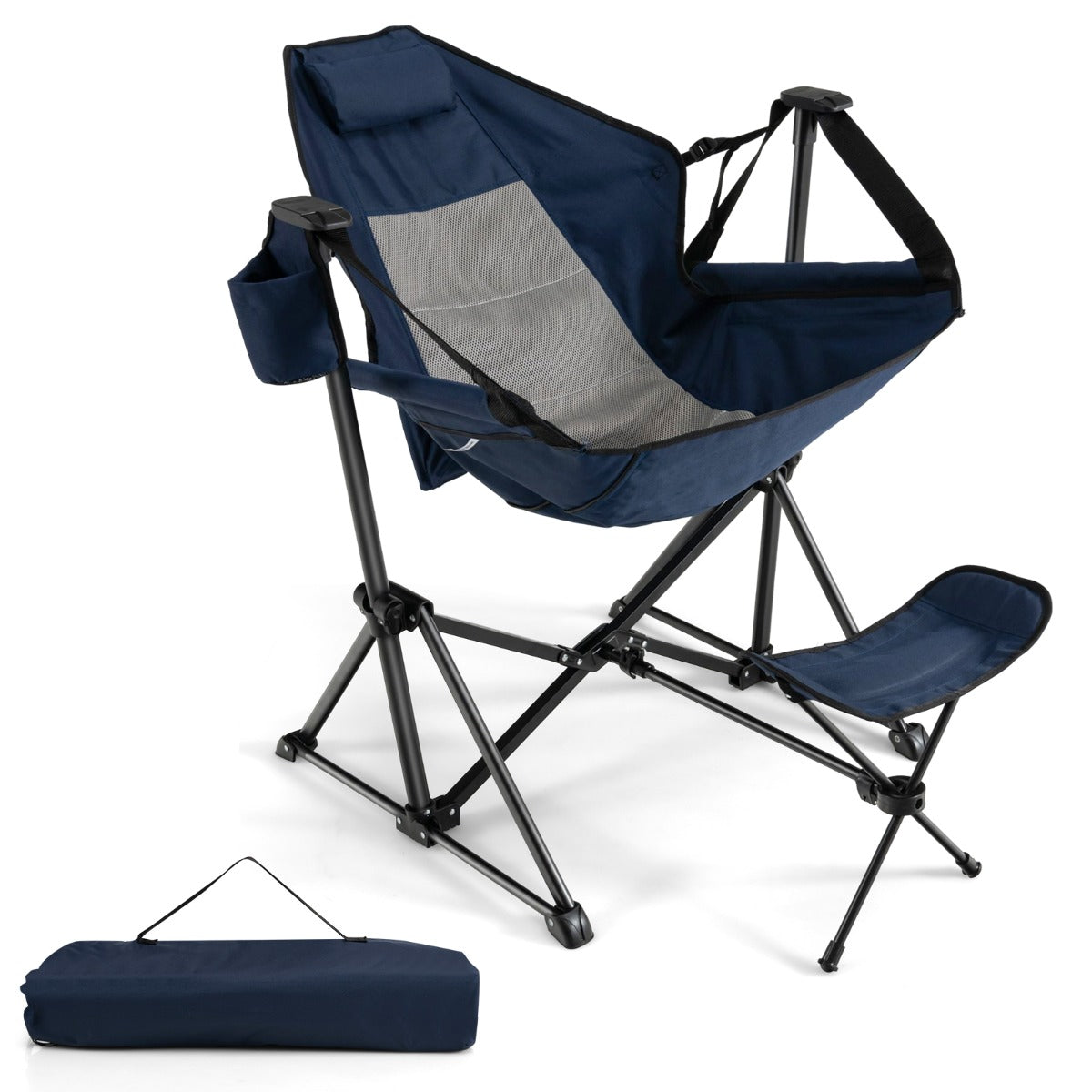 Portable Folding Camping Lounge Chair with Footrest  for Beach Lawn Fishing-Navy