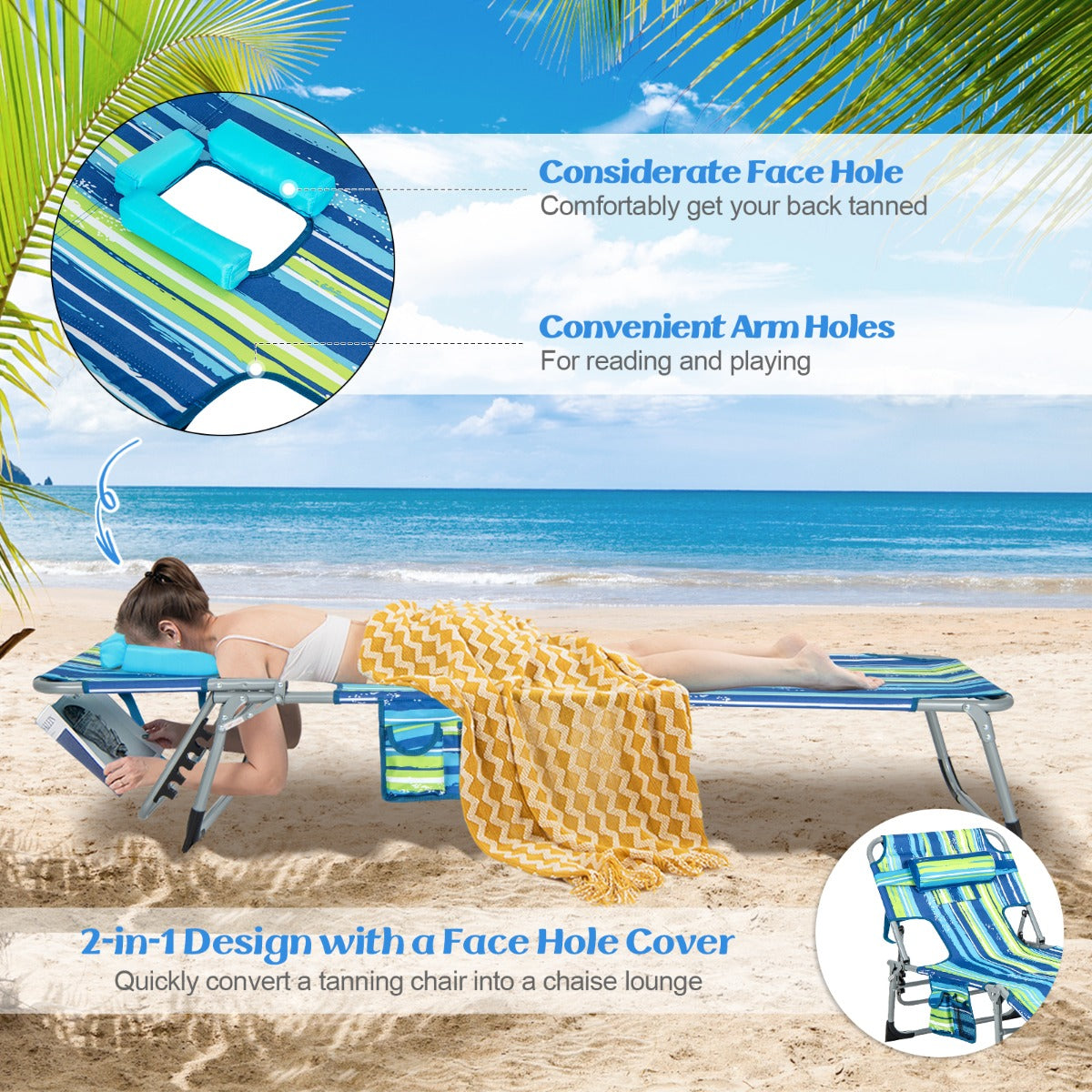 Ergonomic folding chaise lounge includes a detachable pillow for head, neck, and lumbar support