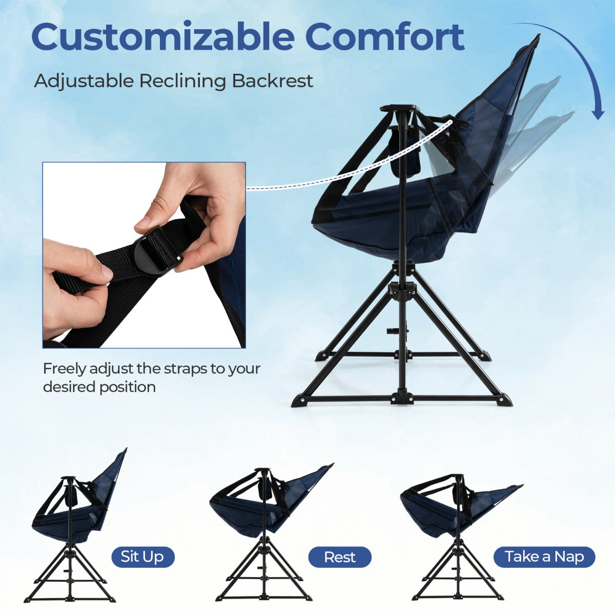 Portable Folding Camping Lounge Chair with Footrest  for Beach Lawn Fishing-Navy