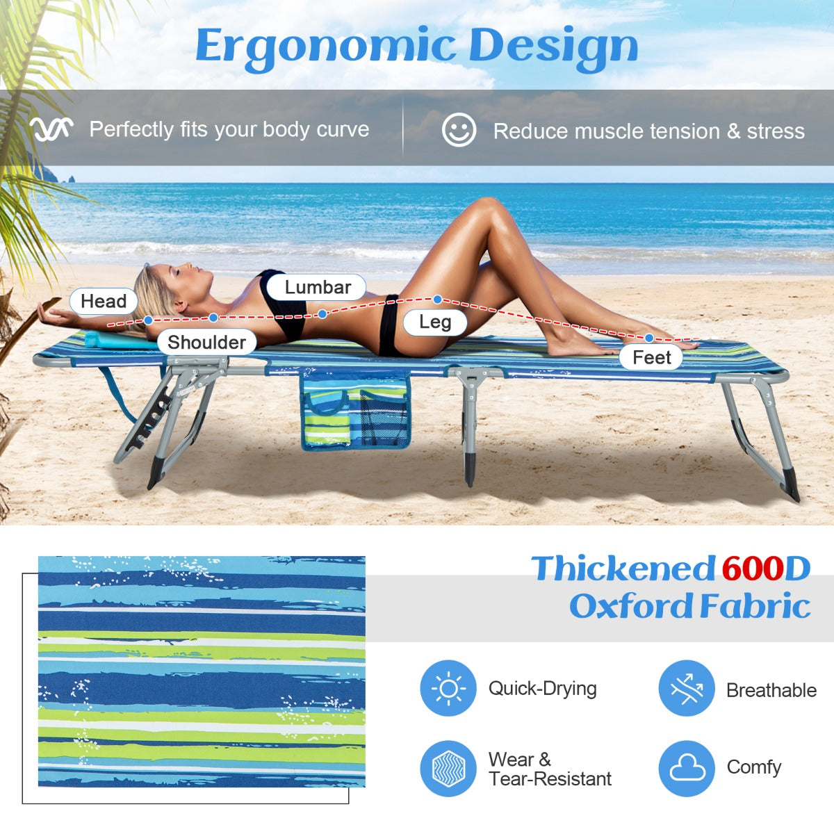Lightweight 6kg outdoor lounge chair folds compactly for easy transport and space-saving storage