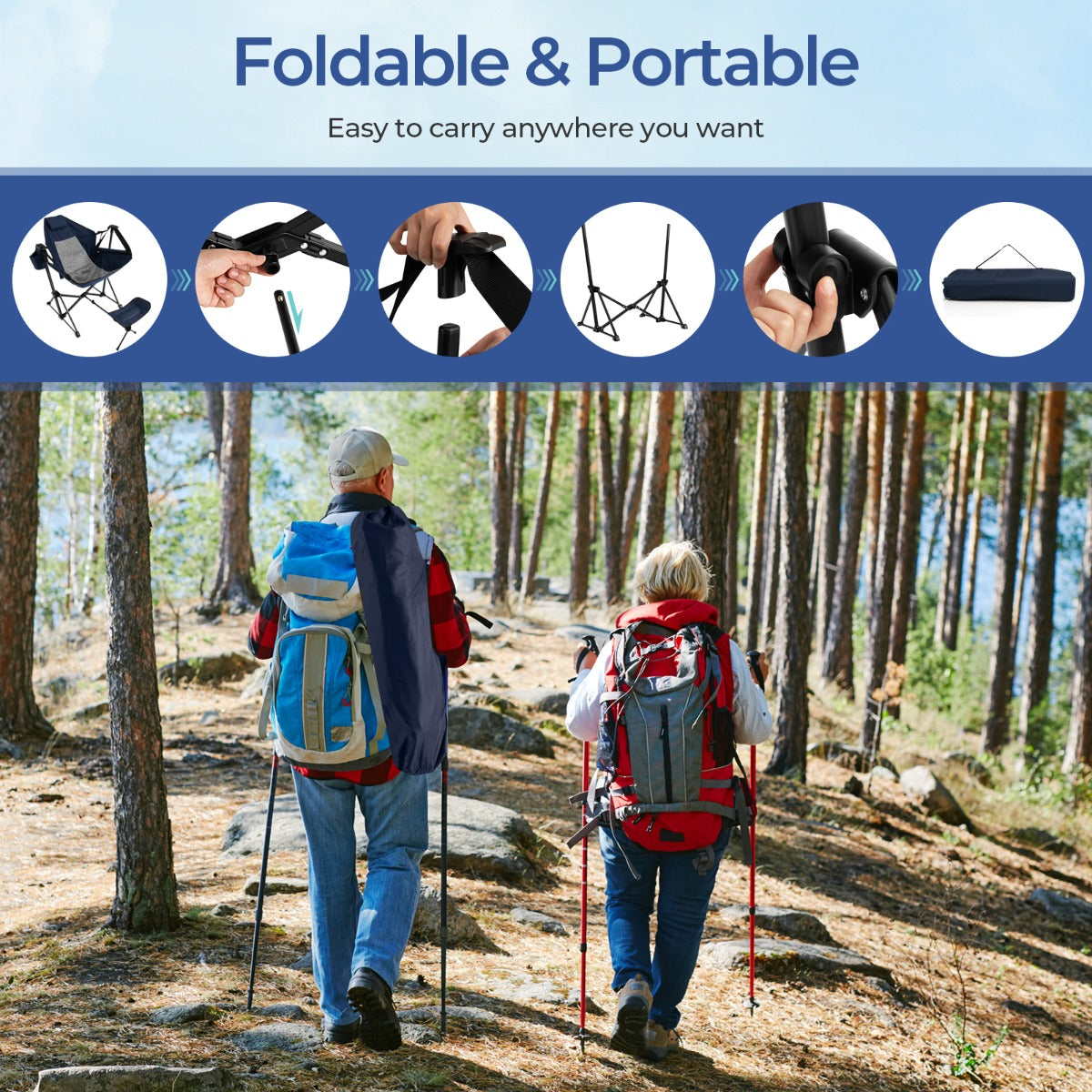 Portable Folding Camping Lounge Chair with Footrest  for Beach Lawn Fishing-Navy