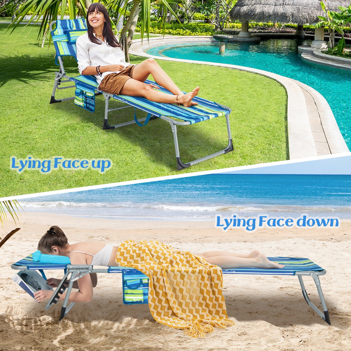 Two-position footrest on the patio chaise lounge helps relax and elevate your legs comfortably