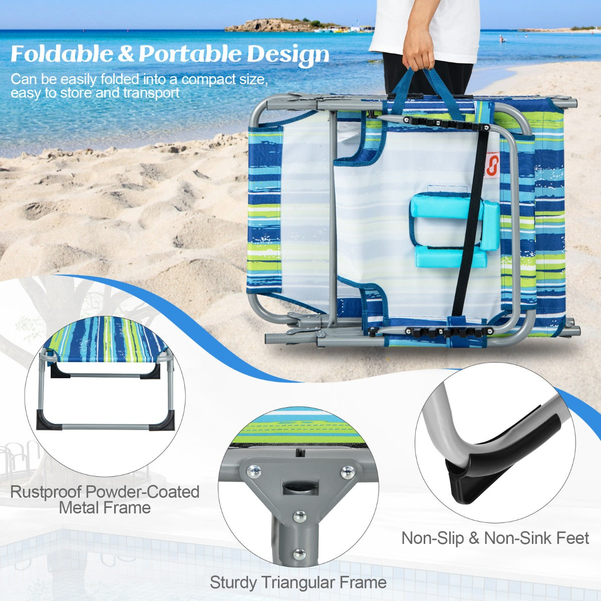 Non-slip feet and reinforced supports improve stability on beaches, patios, gardens, and balconies