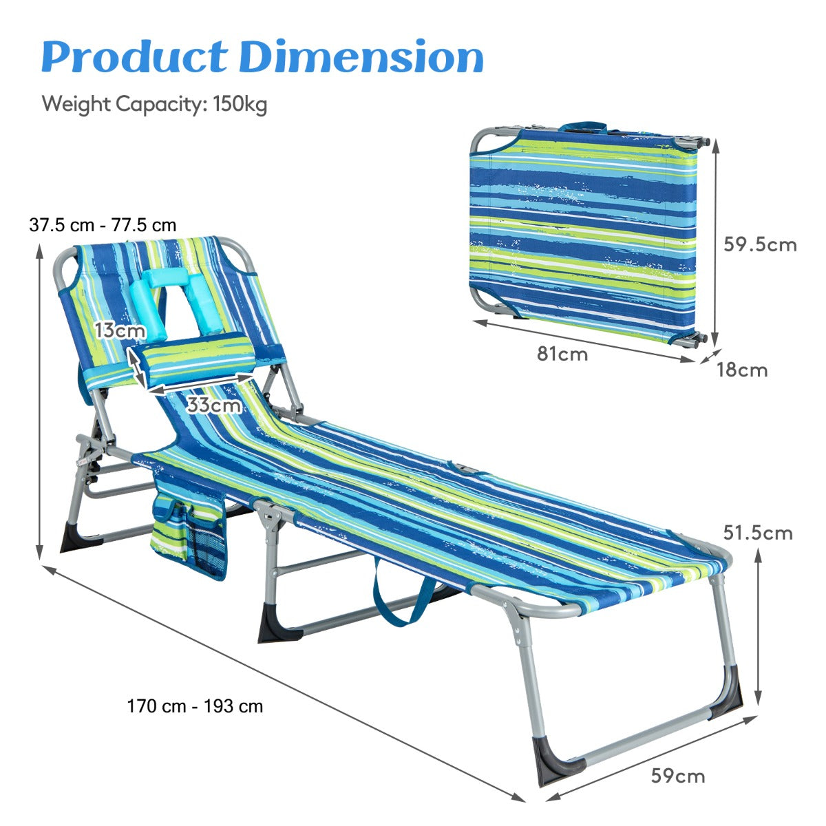 Five-position folding lounge chair adjusts from upright seating to a flat resting position