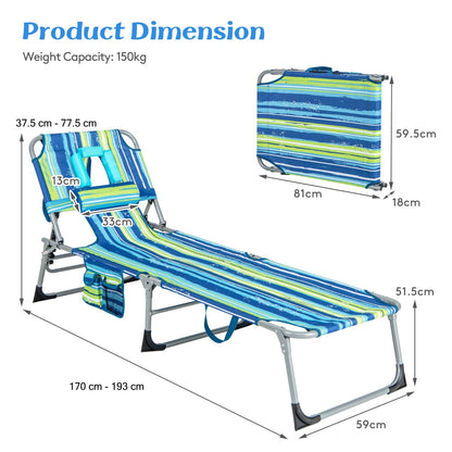 Five-position folding lounge chair adjusts from upright seating to a flat resting position
