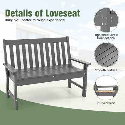 Costway All-Weather HDPE Patio Bench with High Backrest for 2 Person-Grey