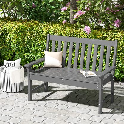 Costway All-Weather HDPE Patio Bench with High Backrest for 2 Person-Grey
