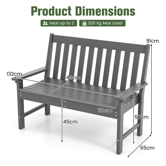 Black HDPE patio loveseat bench seats two adults comfortably with a spacious curved slatted seat