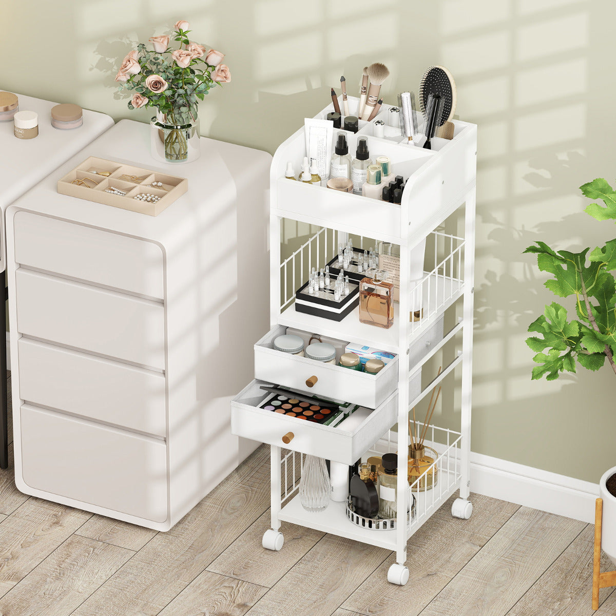Makeup Organizer with Drawers and Storage Shelves-White