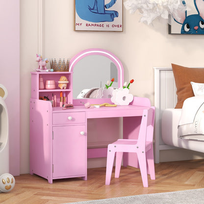 Costway Makeup Table and Chair Set with Acrylic Mirror and 2-Colour LED Lights-Pink