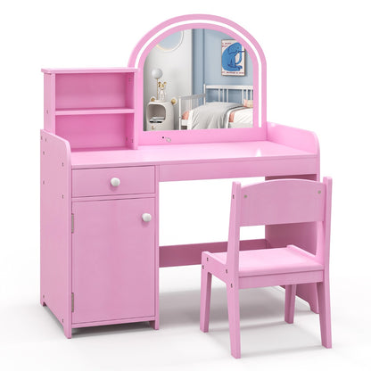 Costway Makeup Table and Chair Set with Acrylic Mirror and 2-Colour LED Lights-Pink