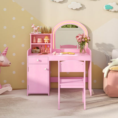 Costway Makeup Table and Chair Set with Acrylic Mirror and 2-Colour LED Lights-Pink