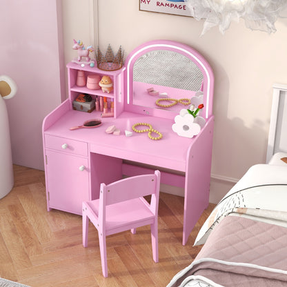 Costway Makeup Table and Chair Set with Acrylic Mirror and 2-Colour LED Lights-Pink