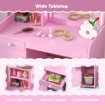 Costway Makeup Table and Chair Set with Acrylic Mirror and 2-Colour LED Lights-Pink