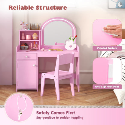 Costway Makeup Table and Chair Set with Acrylic Mirror and 2-Colour LED Lights-Pink