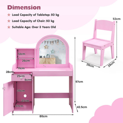 Costway Makeup Table and Chair Set with Acrylic Mirror and 2-Colour LED Lights-Pink