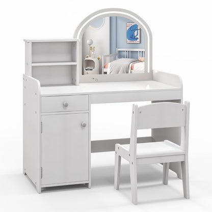 Makeup Table and Chair Set with Acrylic Mirror and 2-Colour LED Lights-White