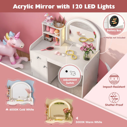 Makeup Table and Chair Set with Acrylic Mirror and 2-Colour LED Lights-White