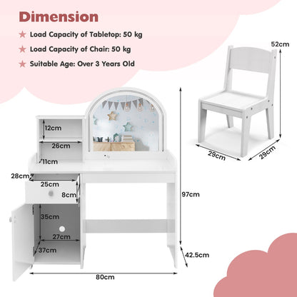 Makeup Table and Chair Set with Acrylic Mirror and 2-Colour LED Lights-White