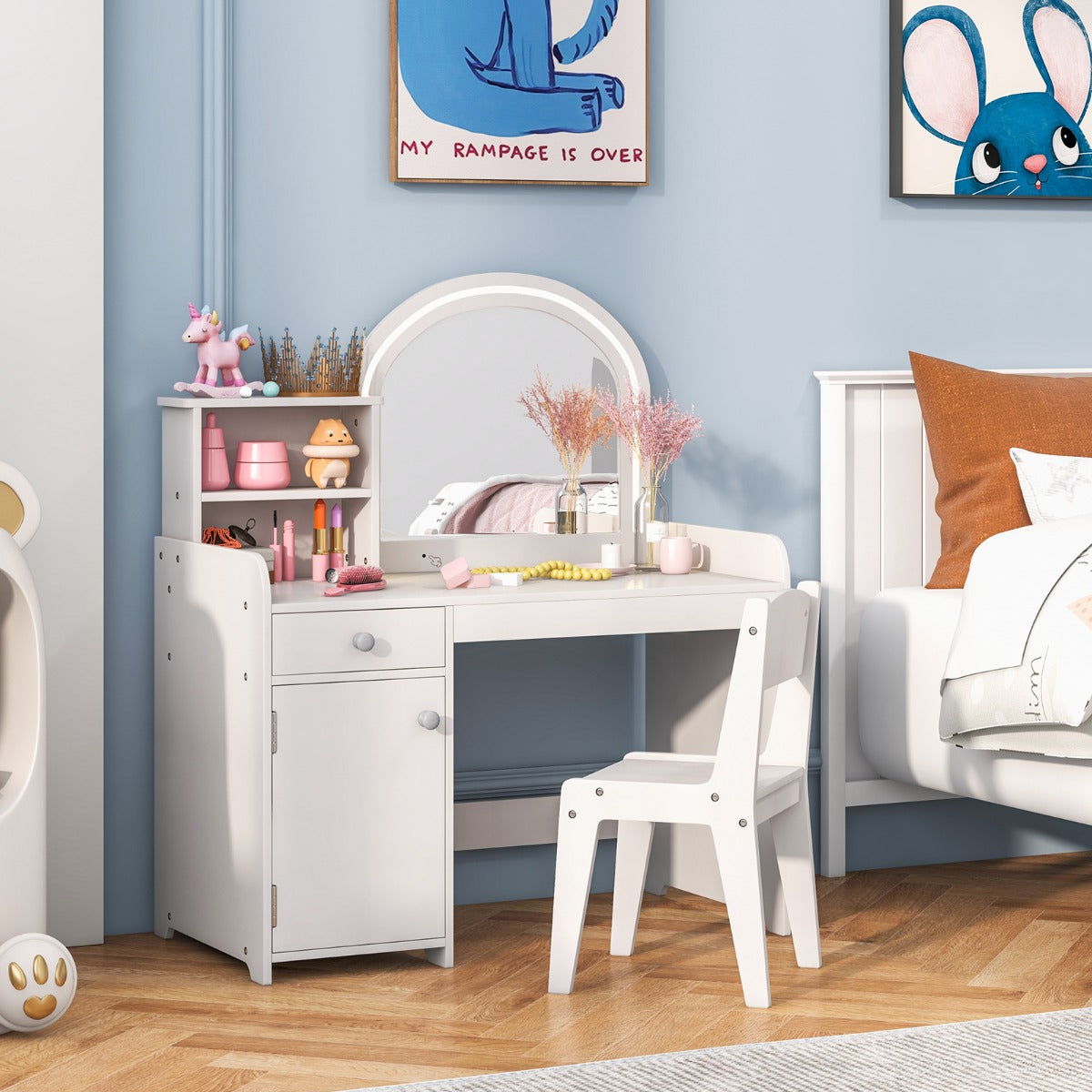 Makeup Table and Chair Set with Acrylic Mirror and 2-Colour LED Lights-White