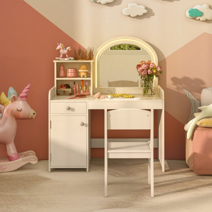Makeup Table and Chair Set with Acrylic Mirror and 2-Colour LED Lights-White