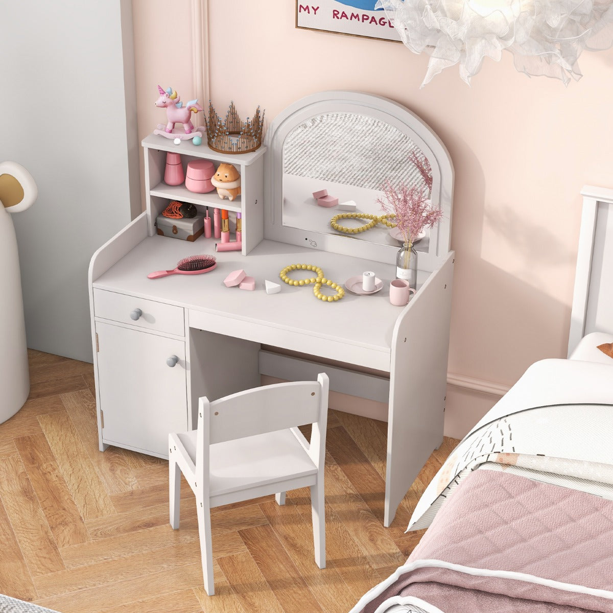 Makeup Table and Chair Set with Acrylic Mirror and 2-Colour LED Lights-White