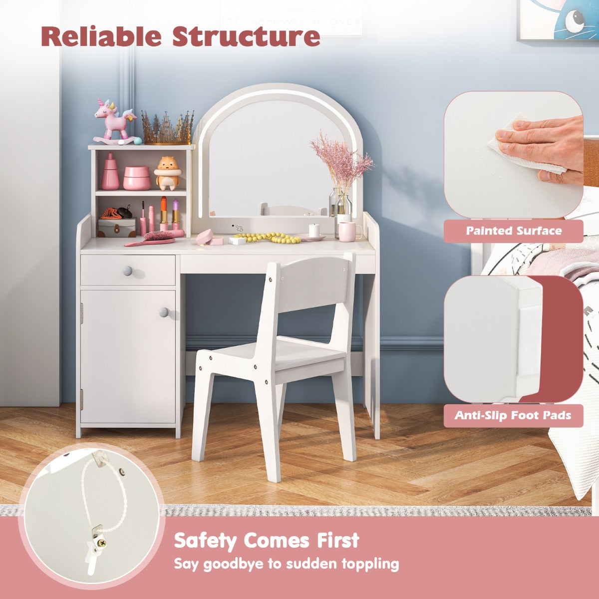 Makeup Table and Chair Set with Acrylic Mirror and 2-Colour LED Lights-White