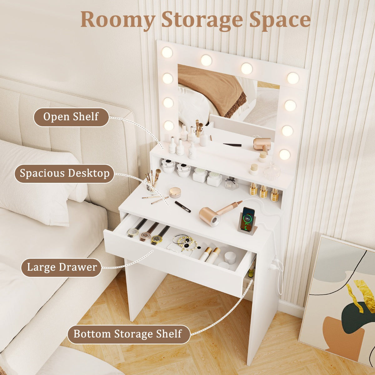 Makeup Table Vanity Desk with Mirror Lights and 3 Light Modes-White
