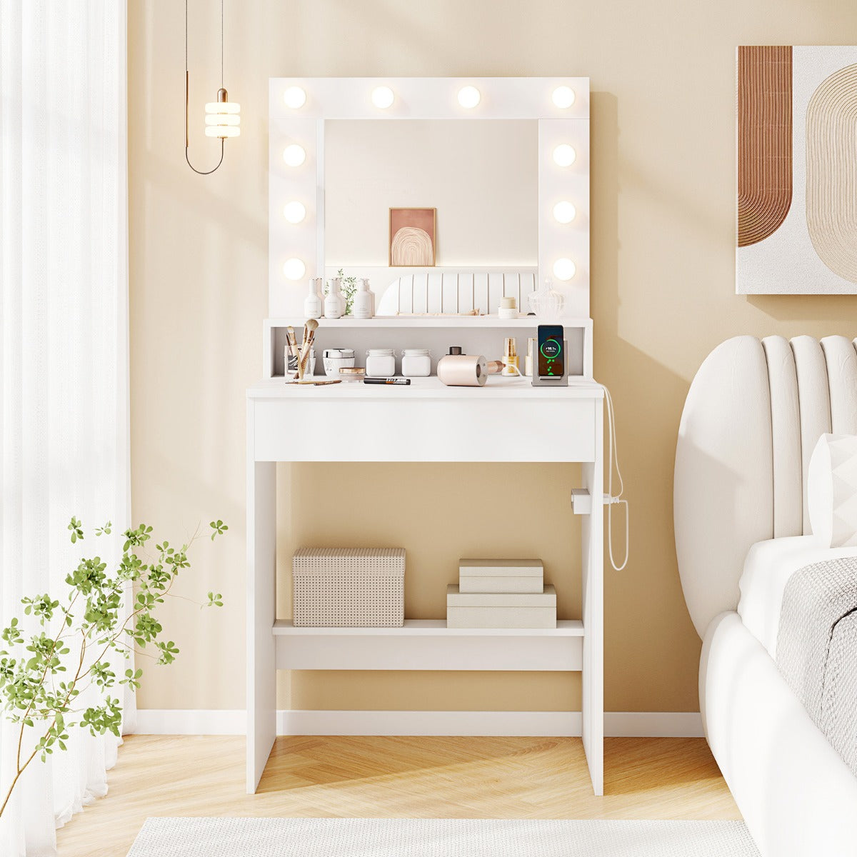 Makeup Table Vanity Desk with Mirror Lights and 3 Light Modes-White