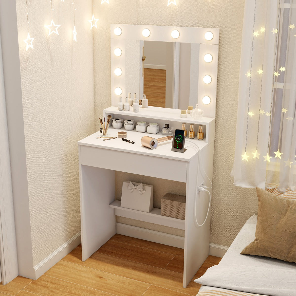 Makeup Table Vanity Desk with Mirror Lights and 3 Light Modes-White