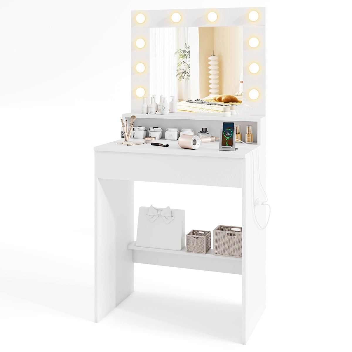 Makeup Table Vanity Desk with Mirror Lights and 3 Light Modes-White