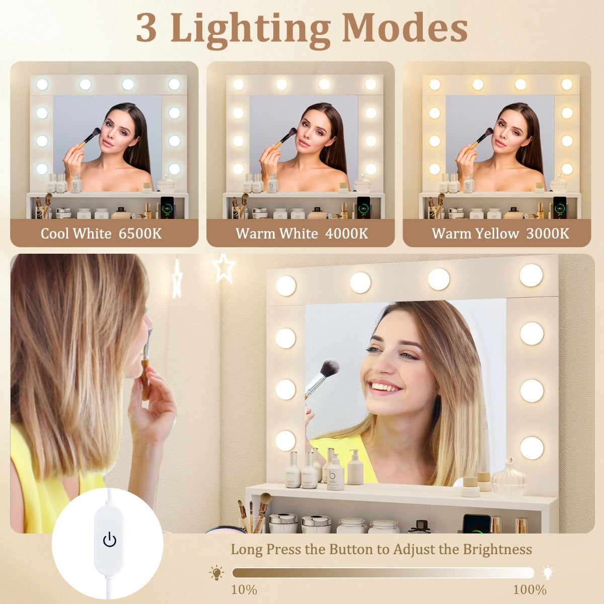 Makeup Table Vanity Desk with Mirror Lights and 3 Light Modes-White
