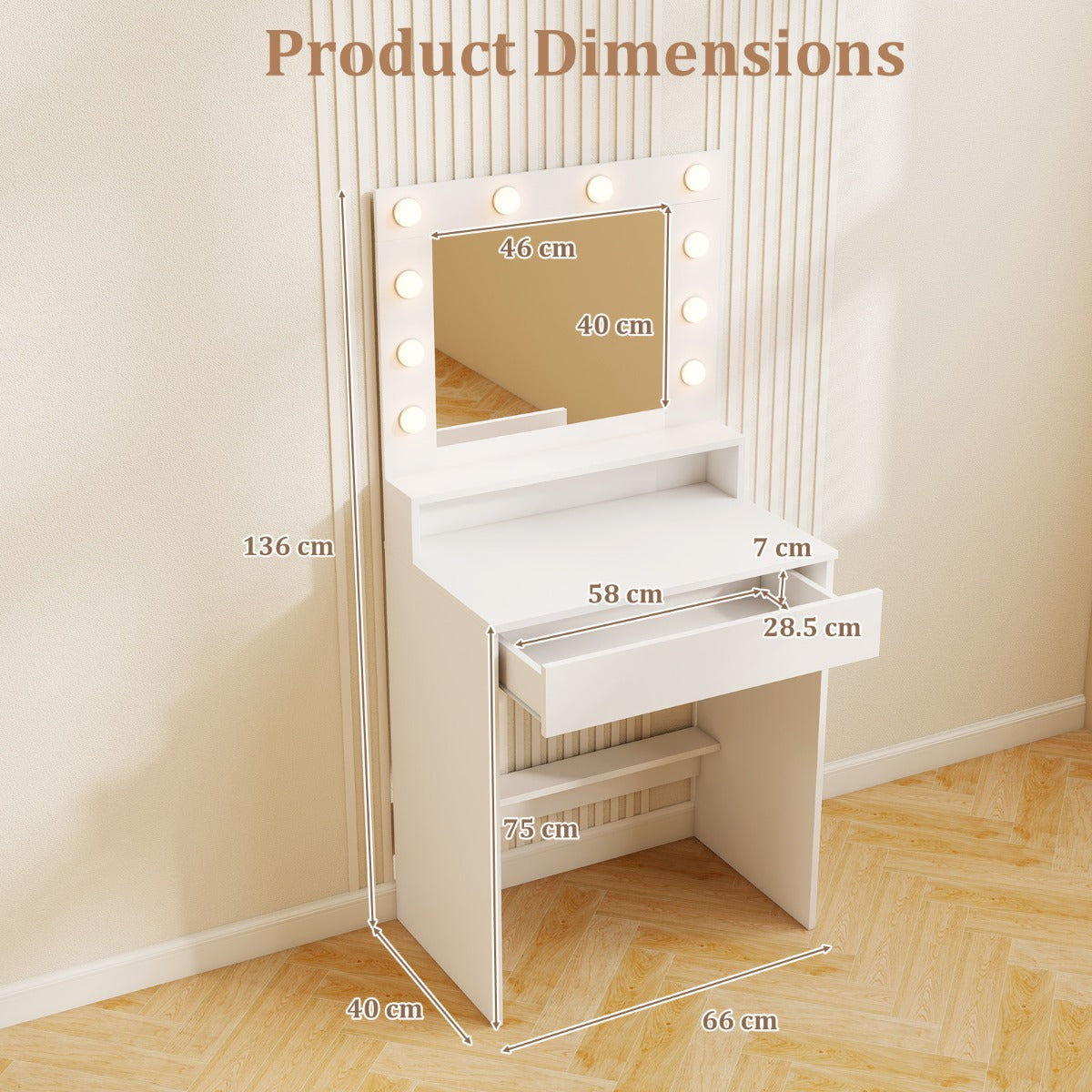 Makeup Table Vanity Desk with Mirror Lights and 3 Light Modes-White
