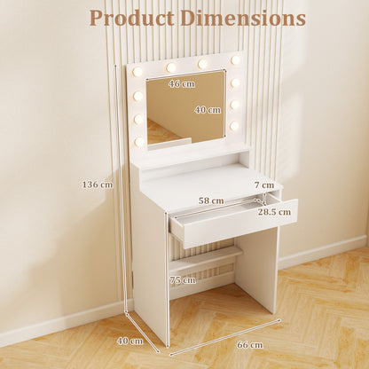 Makeup Table Vanity Desk with Mirror Lights and 3 Light Modes-White