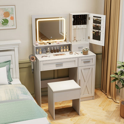 Makeup Vanity Desk Dressing Table and Stool Set with Mirror and Lights-White