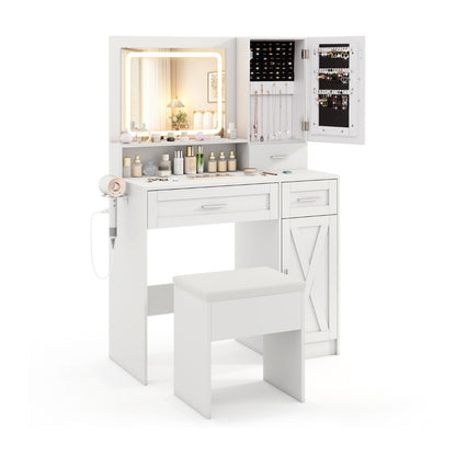 Makeup Vanity Desk Dressing Table and Stool Set with Mirror and Lights-White