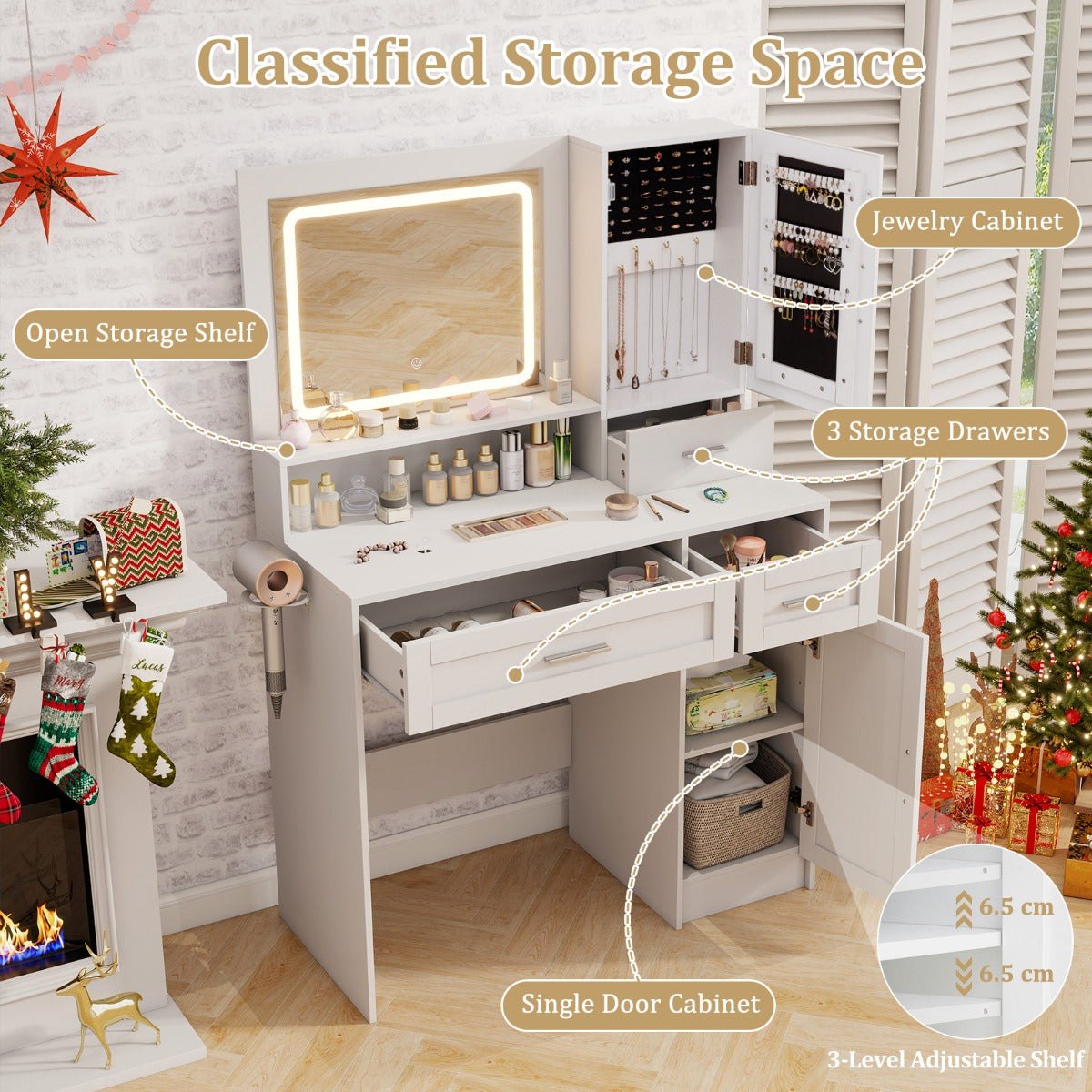 Makeup Vanity Desk Dressing Table and Stool Set with Mirror and Lights-White