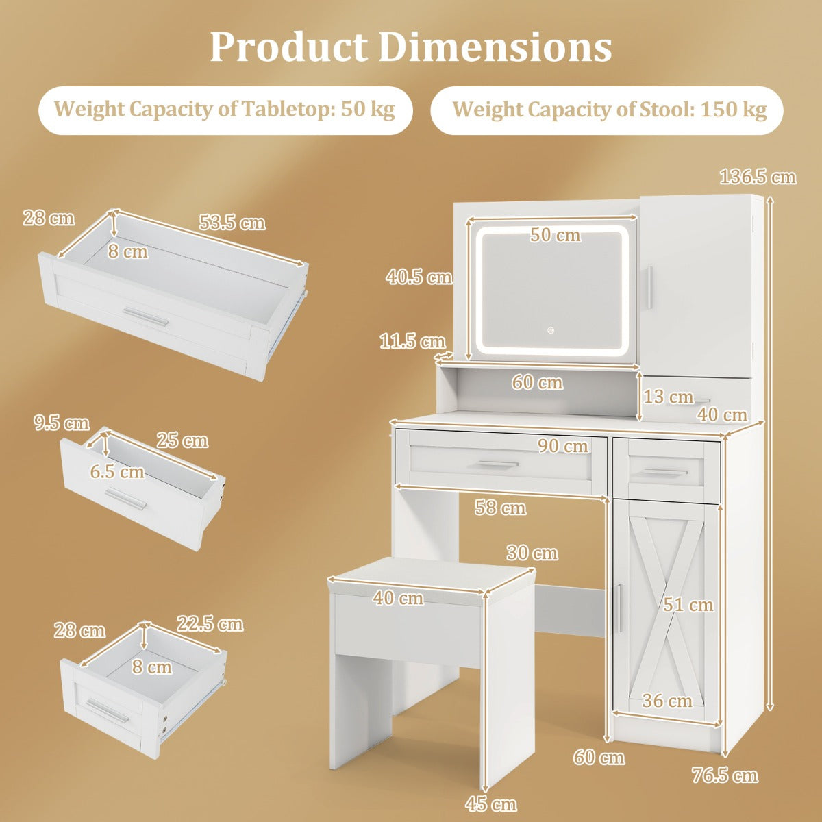 Makeup Vanity Desk Dressing Table and Stool Set with Mirror and Lights-White