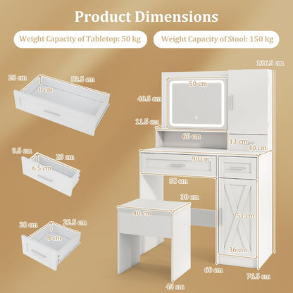 Makeup Vanity Desk Dressing Table and Stool Set with Mirror and Lights-White
