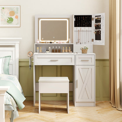Makeup Vanity Desk Dressing Table and Stool Set with Mirror and Lights-White