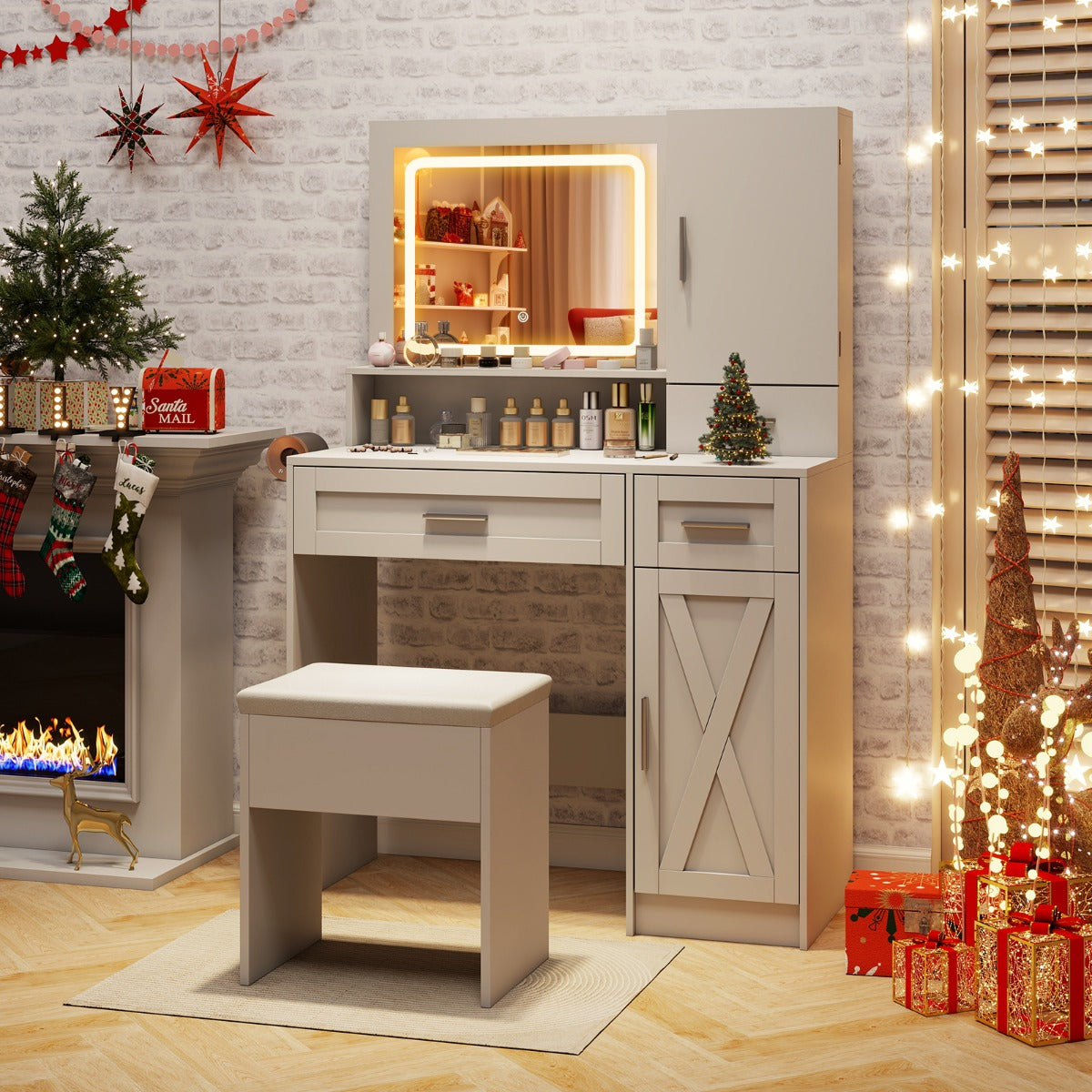 Makeup Vanity Desk Dressing Table and Stool Set with Mirror and Lights-White