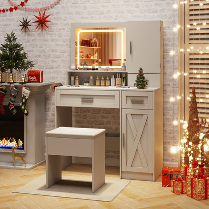 Makeup Vanity Desk Dressing Table and Stool Set with Mirror and Lights-White