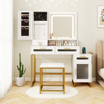 Makeup Vanity Desk with Lighted Mirror with Charging Station and 3-Color LED Lights-White