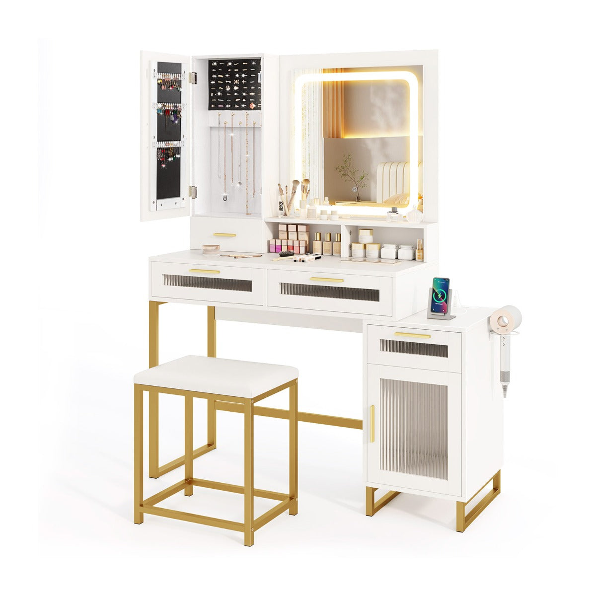 Makeup Vanity Desk with Lighted Mirror with Charging Station and 3-Color LED Lights-White